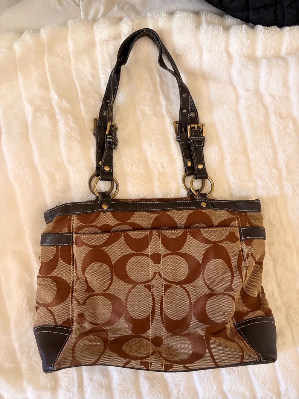 Coach Brown Signature Canvas Shoulder Tote with Dark Leather Trim